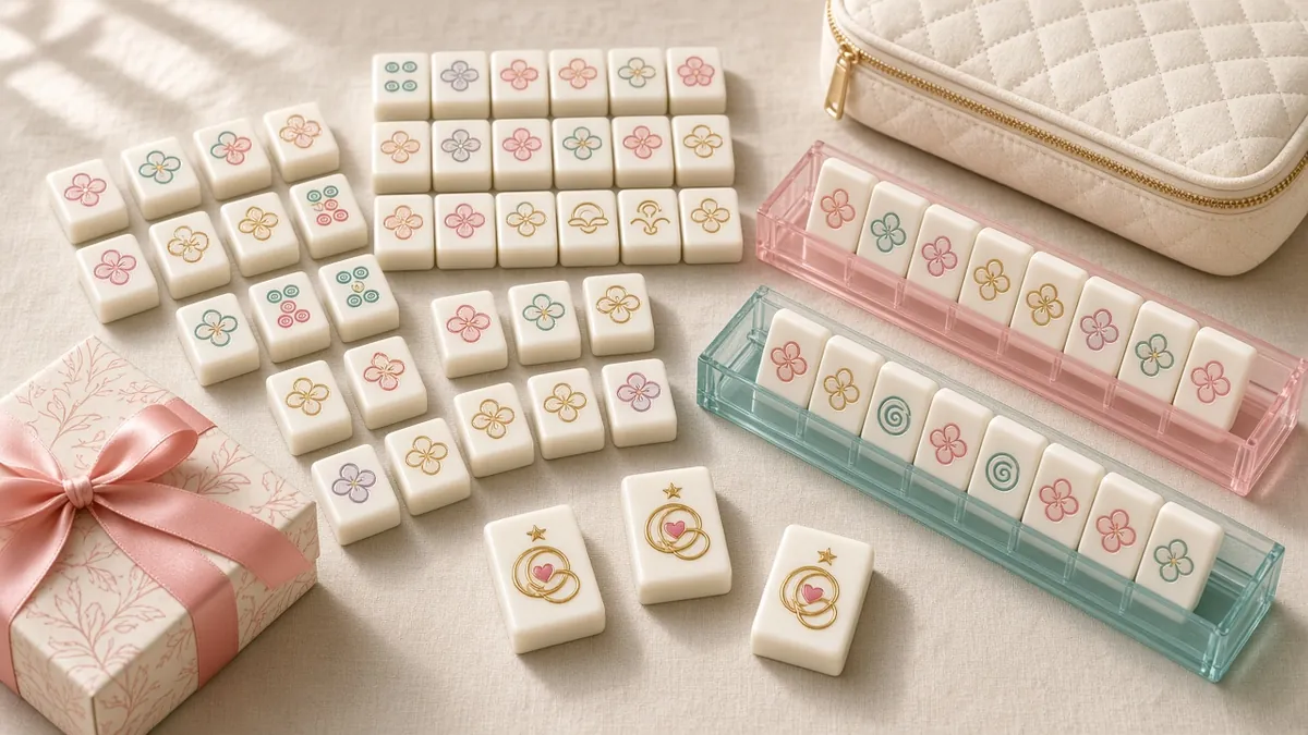 Illustration: sample concept of a custom American mahjong set with pastel custom tiles, custom joker tiles, two acrylic racks, a quilted bag and a gift box