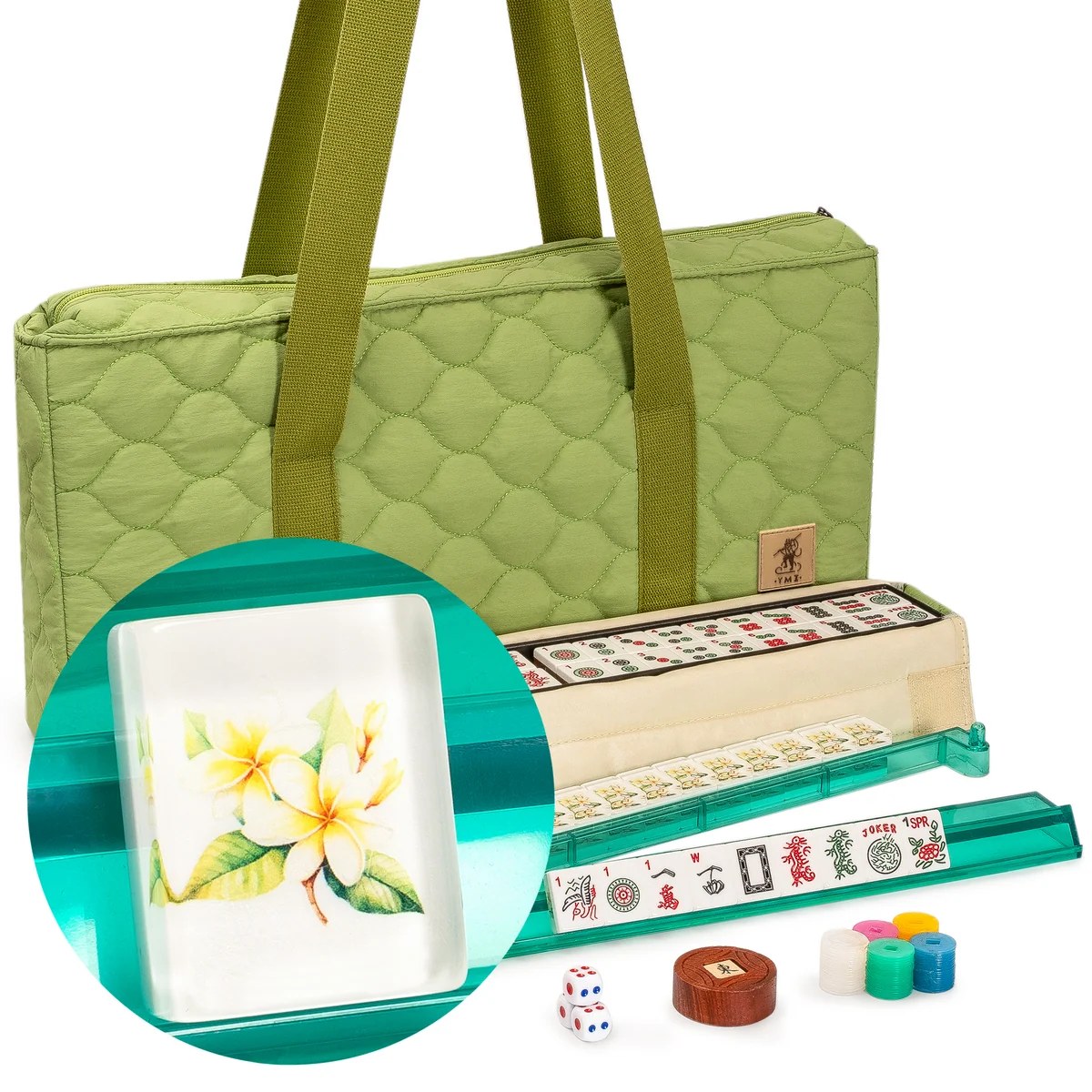 American Mahjong Set, “Aloha” - 166 Tiles with Plumeria Motif, Acrylic Racks with Pushers, Quilted Island Sage Green Case, Scoring Coins, Di