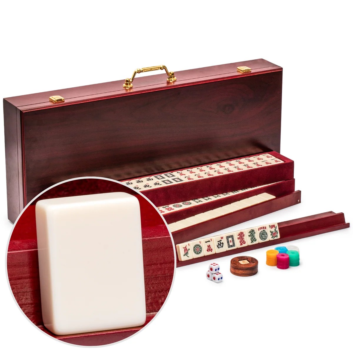 American Mahjong Set, "Classic Royale II" with Redwood Veneer Case, Four Wooden Racks, Wind Indicator, Dice and Wright Patterson Count Scori