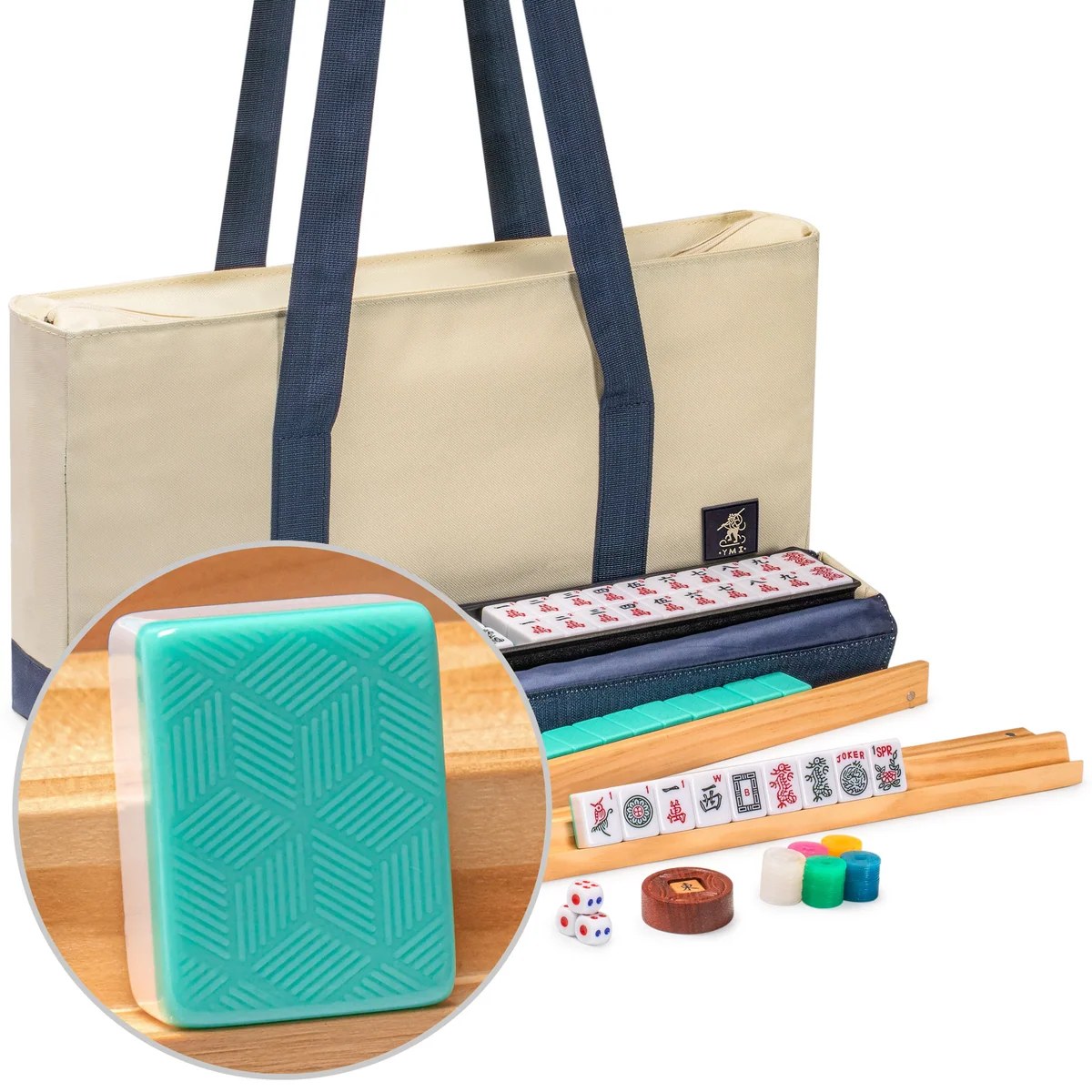 American Mahjong Set, "Harbor Mint" with Beige and Blue Canvas Tote Bag - Racks with Pushers, Scoring Coins, Dice, and Wind Indicator