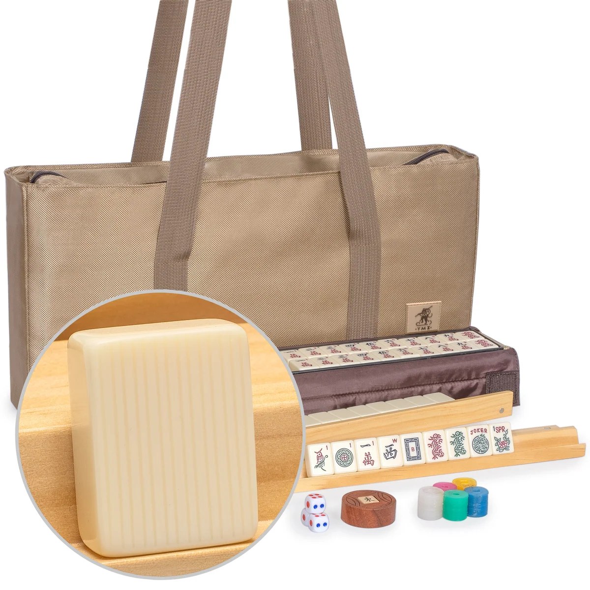 American Mahjong Set, "Ivory Pinstripe" - 166 Medium Tiles with Beige Soft Case, Wooden Racks with Pushers, Scoring Coins, Dice, and Wind In