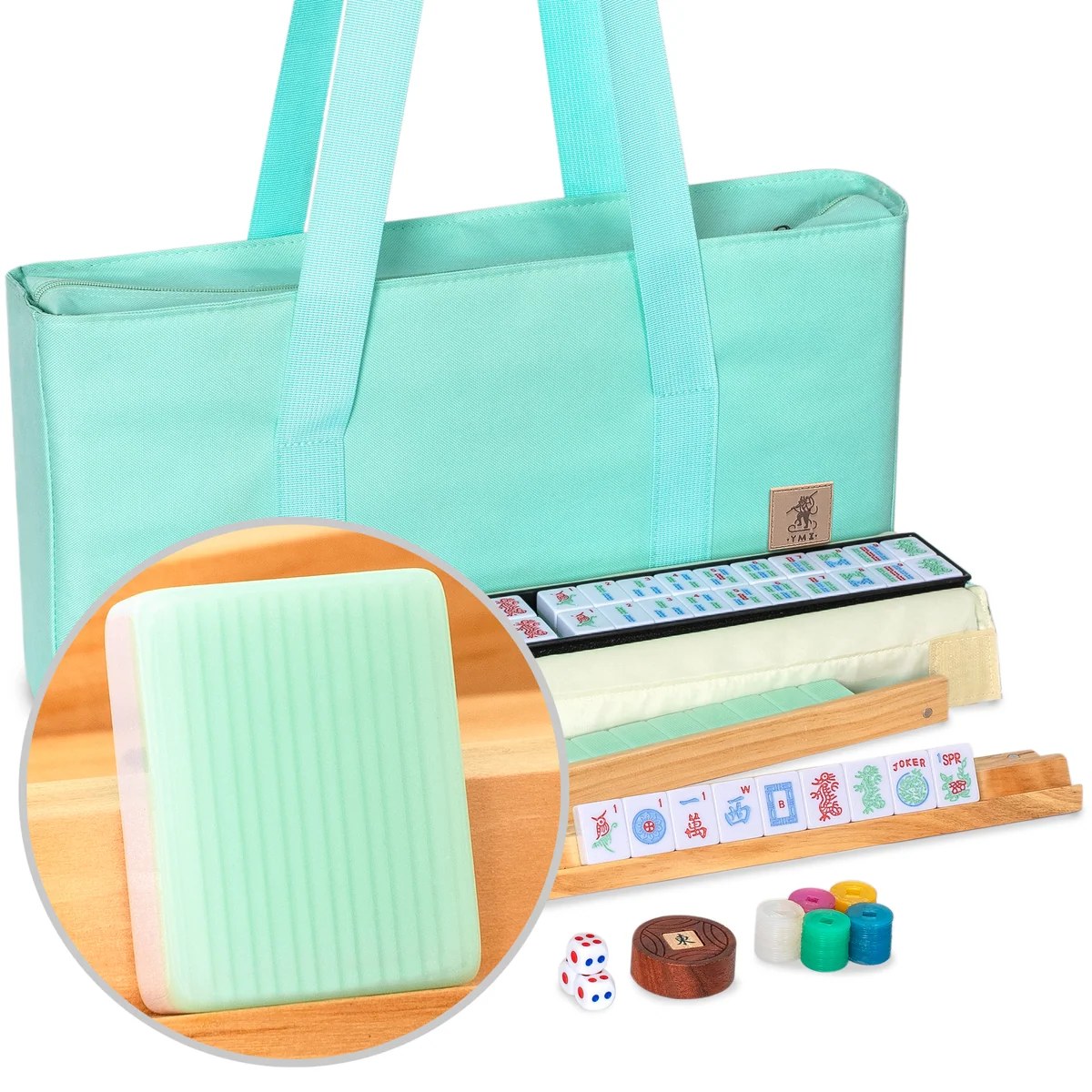 American Mahjong Set, “Jade Mist” - 166 Tiles with Mint Green Fabric Case, Wooden Racks with Pushers, Scoring Coins, Dice, & Wind Indicator