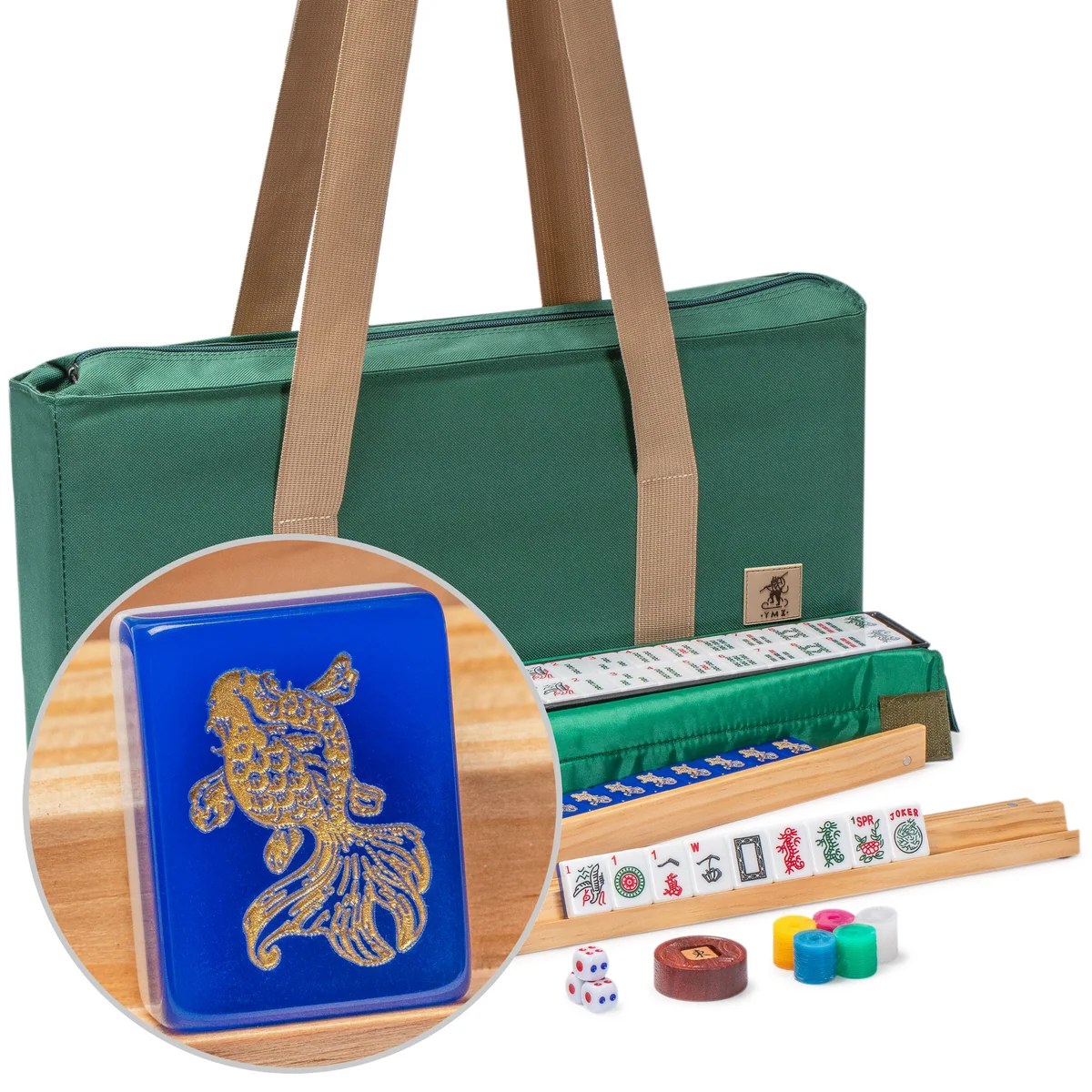 American Mahjong Set, "Koi Fish" with Green Soft Case, Four Wooden All-in-One Racks with Pushers, Wind Indicator, Dice, Scoring Coins