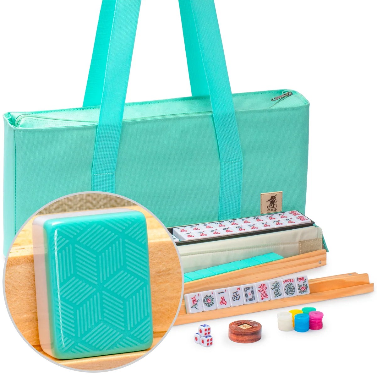 American Mahjong Set, "Pepper" with Pepper Green Soft Case - Racks with Pushers, Scoring Coins, Dice, and Wind Indicator