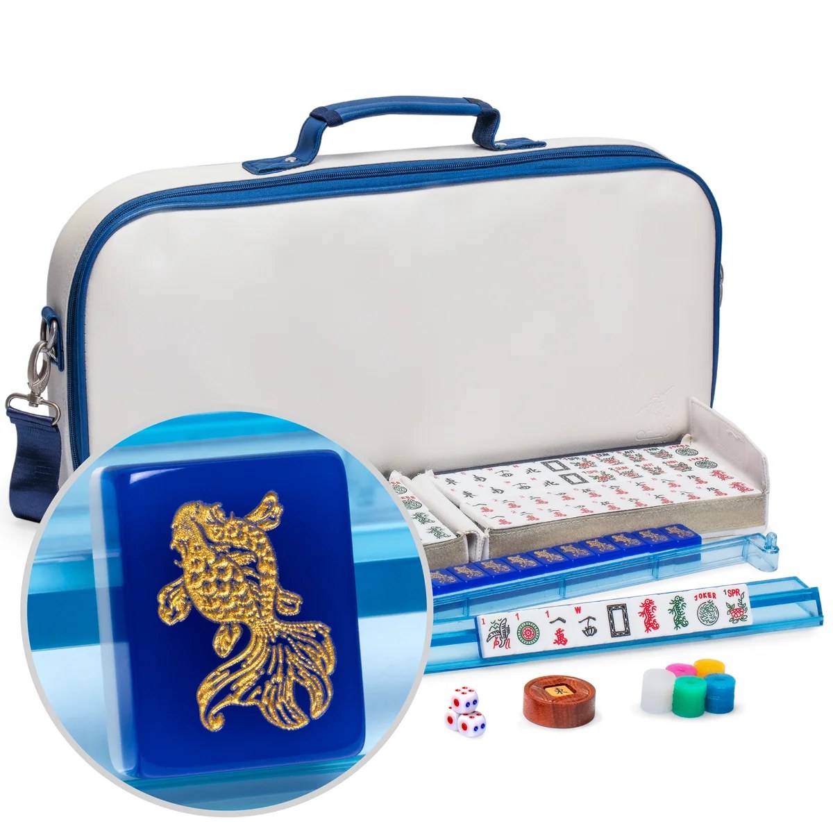American Mahjong Set, "Koi Fish" with Soft White Leatherette Case, Four Acrylic All-in-One Racks with Pushers, Wind Indicator, Dice, Scoring